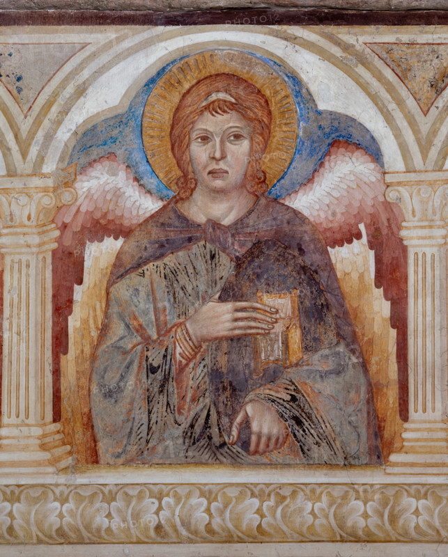Assisi, Basilica superiore di San Francesco, transetto meridionale, parete ovest, registro mediano, loggetta: secondo angelo (Trono) delle “Gerarchie angeliche”. 
Affreschi di Cimabue (Cenni di Pepo 1277-1283?) e bottega.

[ENG]
Assisi, Upper Basilica of Saint Francis, southern transept, west wall, the middle register, small loggia: the second angel (Throne) of the angelic hierarchies. Frescoes by Cimabue (Cenni di Pepo 1277-1283?).
Basilica superiore di San France, Assisi (PG), Umbria, Italia - Italy