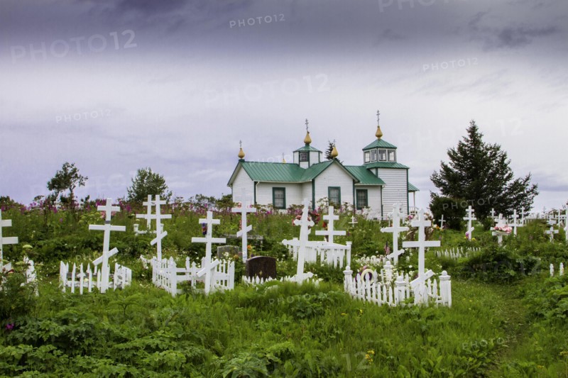 Russian cemetery and orthodox church in Ninilchik, Kenai peninsula, Alaska