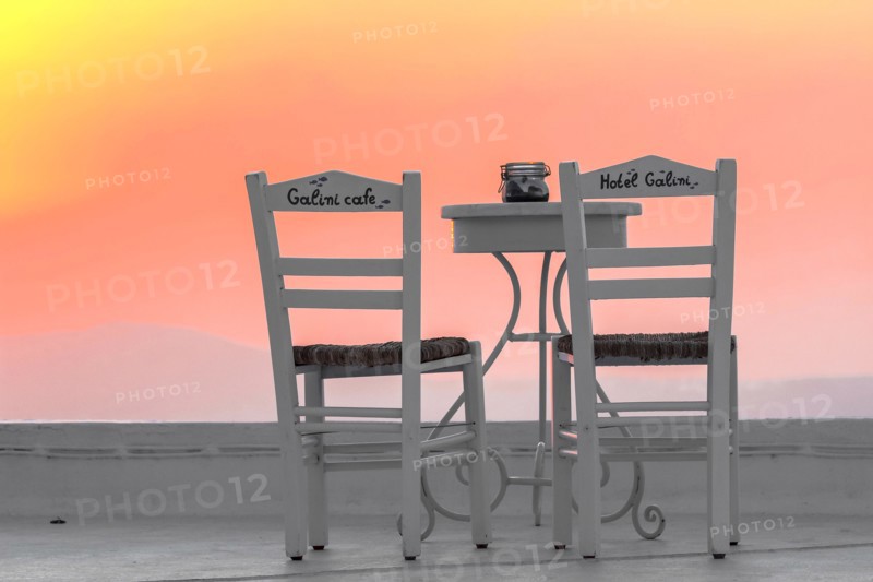 Chairs of the café of the hotel Galini in Firostefani, Santorini, Greece