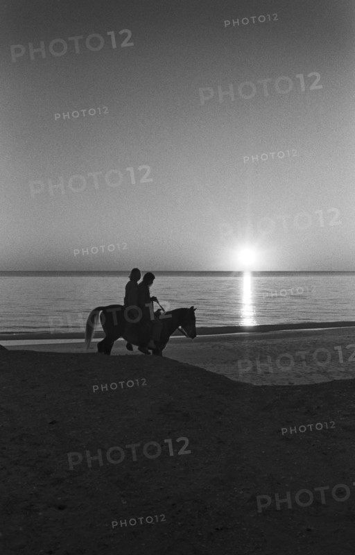 Couple Riding Horse on Beach