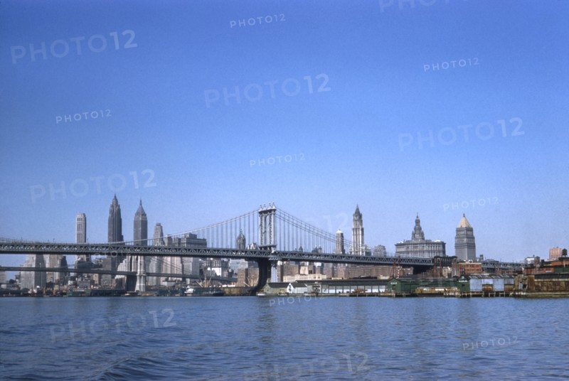 Manhattan and Brooklyn Bridges and Downtown Skyline, New York City, USA 1958
