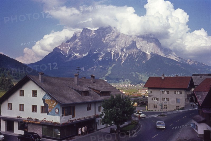 View of Zugspitze Mountain Peak, Germany, from Hotel, Lermoos, Austria, 1950's