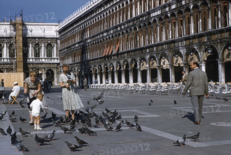 Women and Child Feeding Pigeons, Venice, Italy, 1956