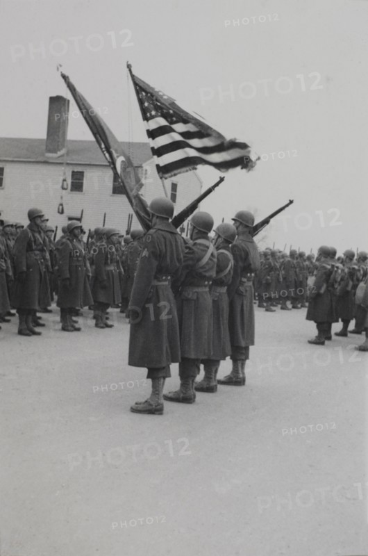 Military Soldiers in Marching Formation during Training Session Outdoor, WWII, HQ 2nd Battalion, 389th Infantry, US Army Military Base, Indiana, USA, 1942