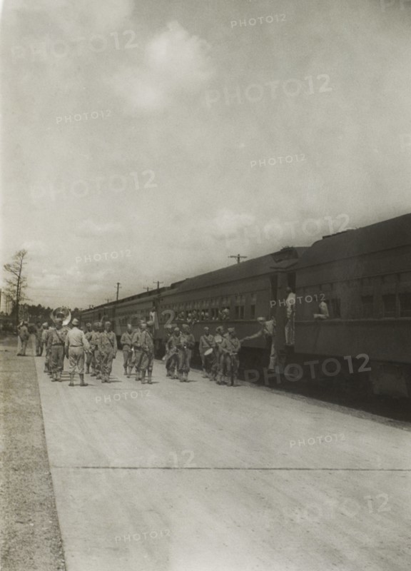 Soldiers Boarding Trains for East Coast USA with Eventual Departure by Ship to Europe, WWII, HQ 2nd Battalion, 389th Infantry, US Army Military Base, Indiana, USA, 1942
