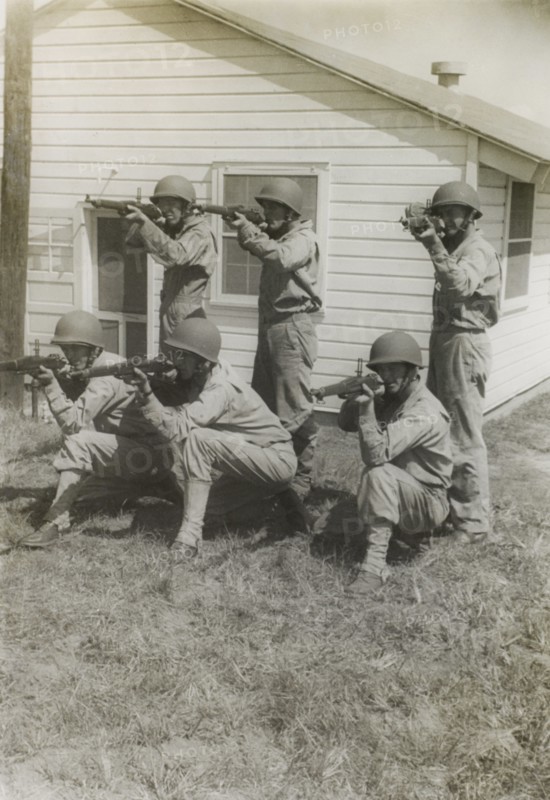 Group of Soldiers Displaying Proper Shooting Position During Training Session, WWII, 2nd Battalion, 389th Infantry, US Army Military Base Indiana, USA, 1942