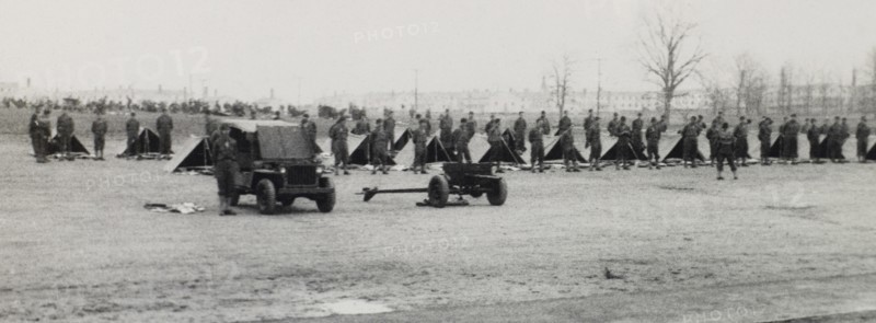 Soldiers Lined up Near Tents During Inspection, WWII, HQ 2nd Battalion, 389th Infantry, US Army Military Base, Indiana, USA, 1942