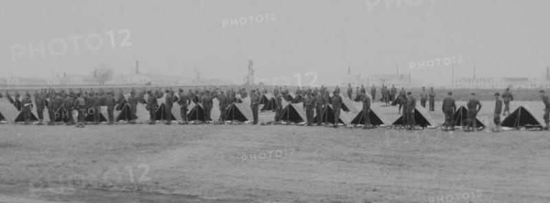 Soldiers Lined up Near Tents During Inspection, WWII, HQ 2nd Battalion, 389th Infantry, US Army Military Base, Indiana, USA, 1942