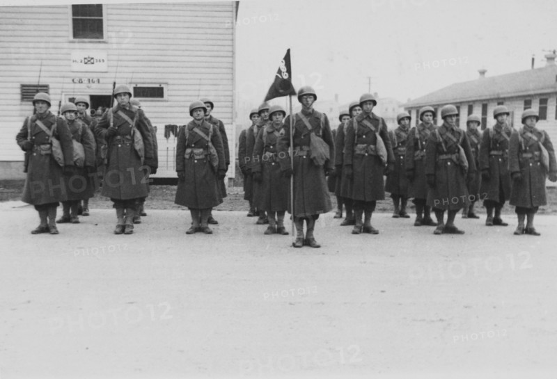 Military Soldiers at Attention, WWII, HQ 2nd Battalion, 389th Infantry, US Army Military Base, Indiana, USA, 1942