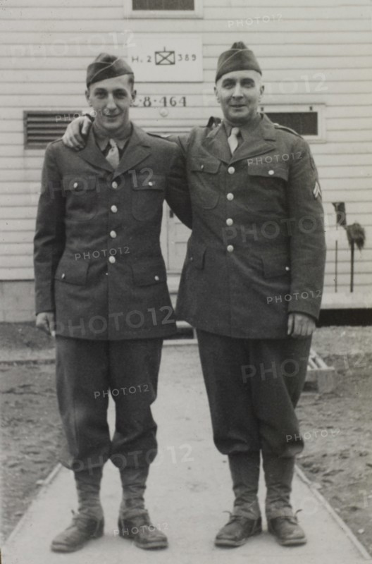 Two Soldiers in Uniform, Portrait, WWII, HQ 2nd Battalion, 389th Infantry, US Army Military Base, Indiana, USA, 1942