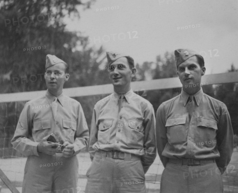 Three Soldiers in Uniform in Front of Volleyball Net, Portrait, WWII, HQ 2nd Battalion, 389th Infantry, US Army Military Base, Indiana, USA, 1942