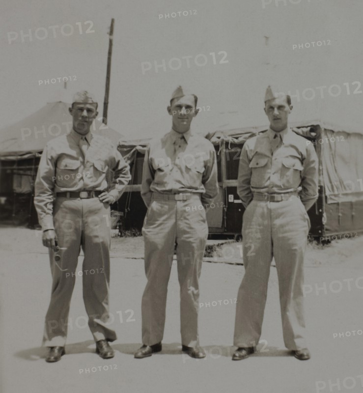 Three Soldiers in Uniform, Portrait, WWII, 325th Infantry, US Army Military Base, Camp Claiborne, Louisiana, USA, 1942