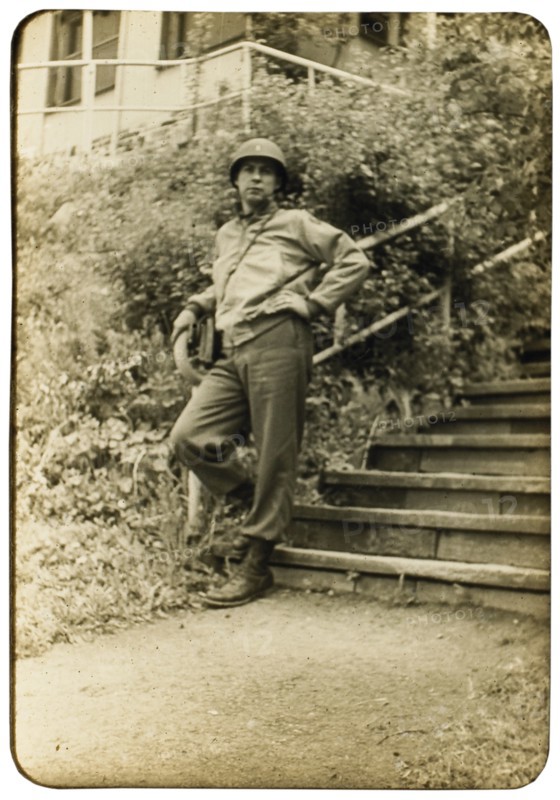 Soldier at Base of Stairway, Portrait, WWII, Third Army Division, US Army Military, Europe, 1943