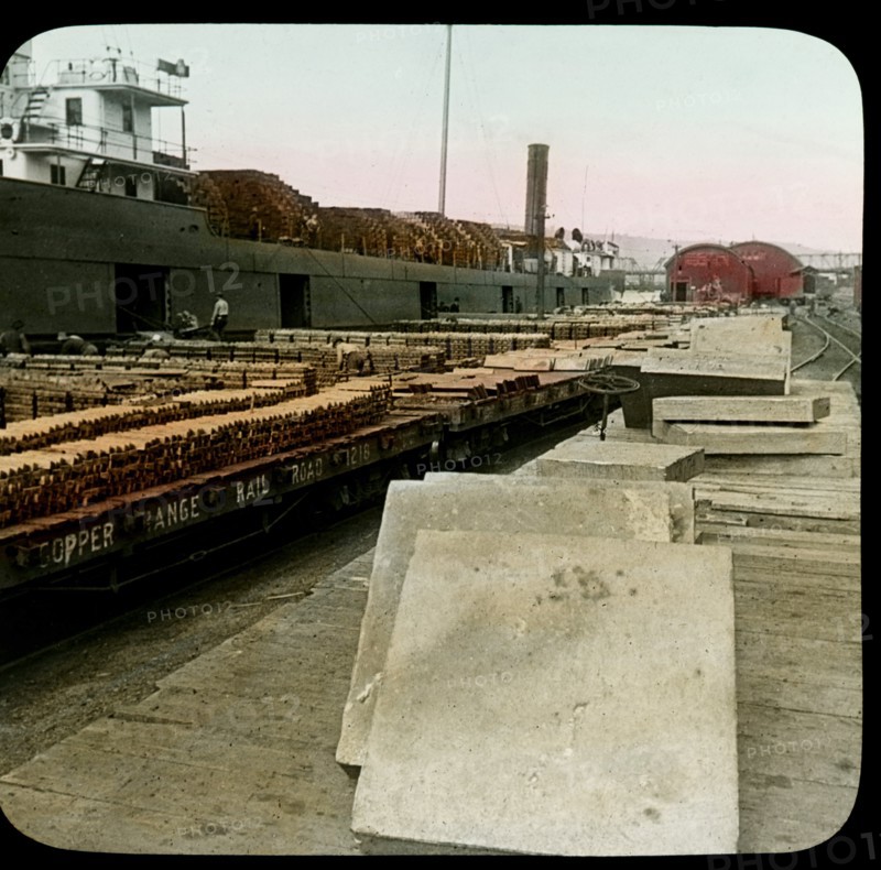 Loading Tons of Copper on Boat, Houghton, Michigan, USA, Magic Lantern Slide, circa early 1900's