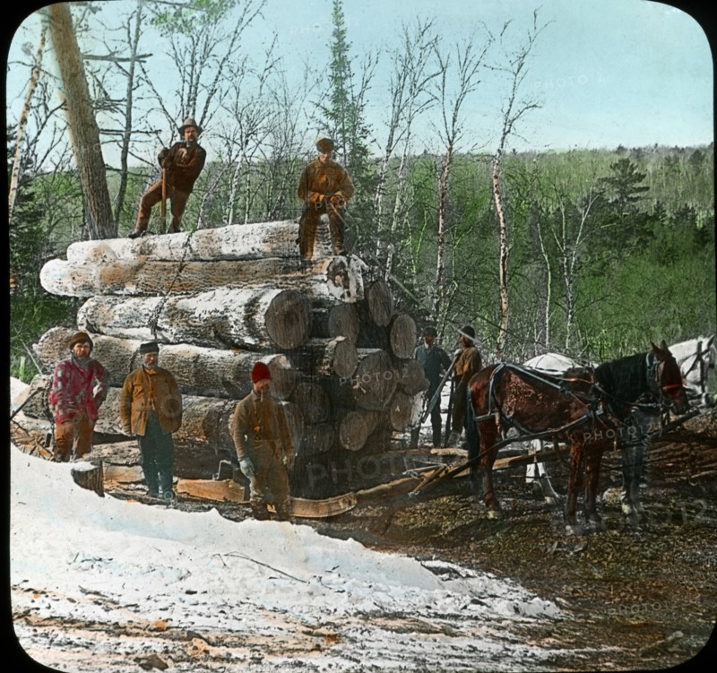 Workers with Load of Logs, Kettle River Landing, Minnesota, USA, Magic Lantern Slide, circa 1915