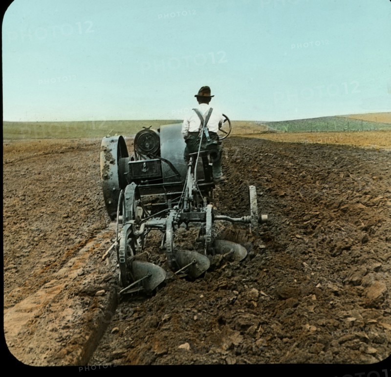 Plowing Prairie Soil with Tractor, South Dakota, USA, Magic Lantern Slide, circa 1910