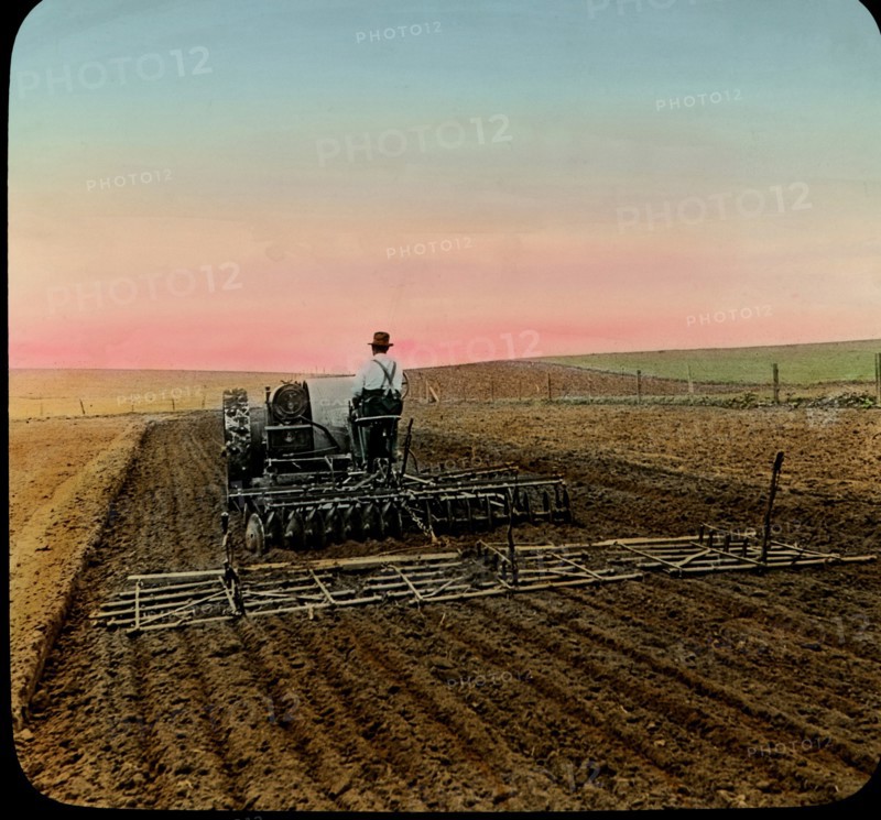 Tractor Drawing Double Disc and 3 Section Tooth Harrows, South Dakota, USA, Magic Lantern Slide, circa 1910