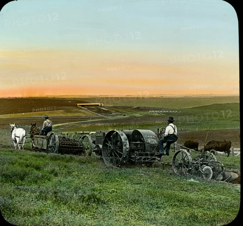 Manure Spreader Followed by Tractor Plowing Sod, near Omaha, Nebraska, USA, Magic Lantern Slide, circa 1910