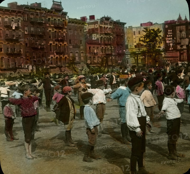 Children Taking Health Exercises, New York City, New York, USA, Magic Lantern Slide, circa 1910
