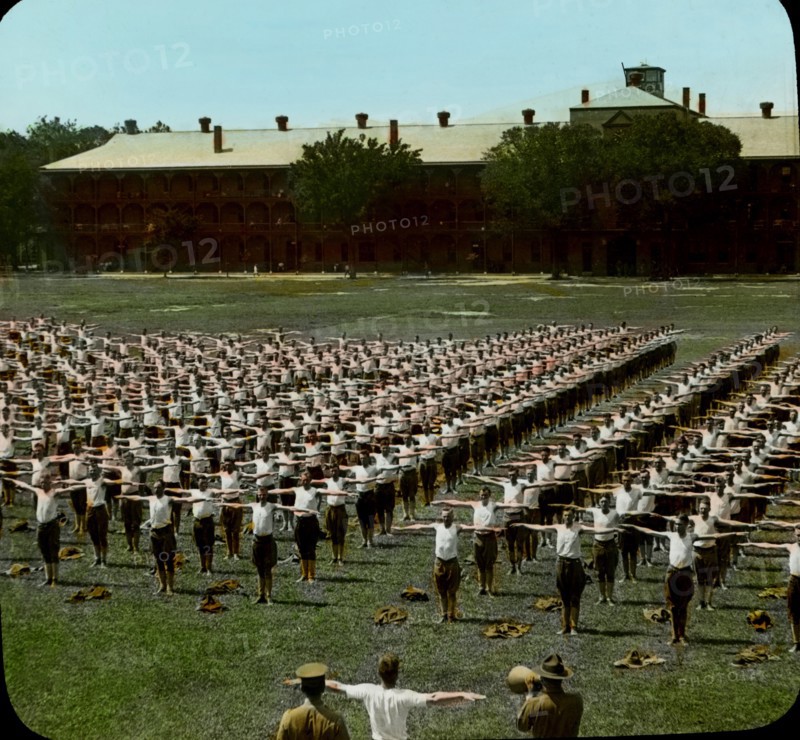 Army Soldiers doing Exercises, USA, Magic Lantern Slide, circa 1918