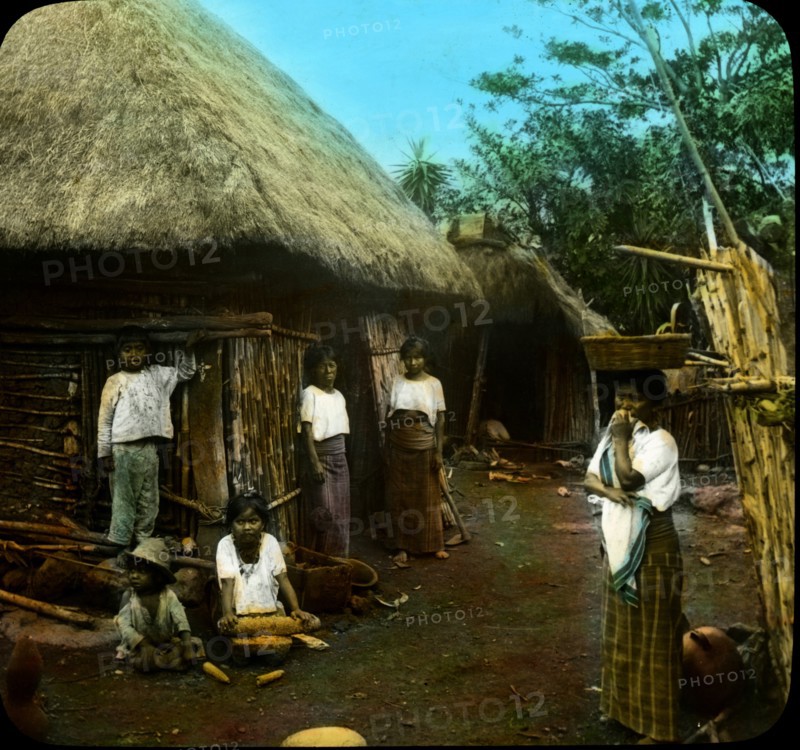 Native Indian Family and Home, Guatemala, Magic Lantern Slide, circa 1910