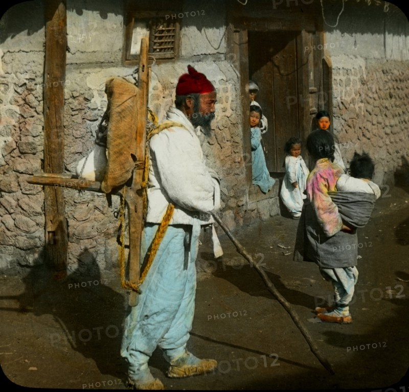 Peasant Family in Thatched Hut, Chosen, Korea, Magic Lantern Slide, circa 1900