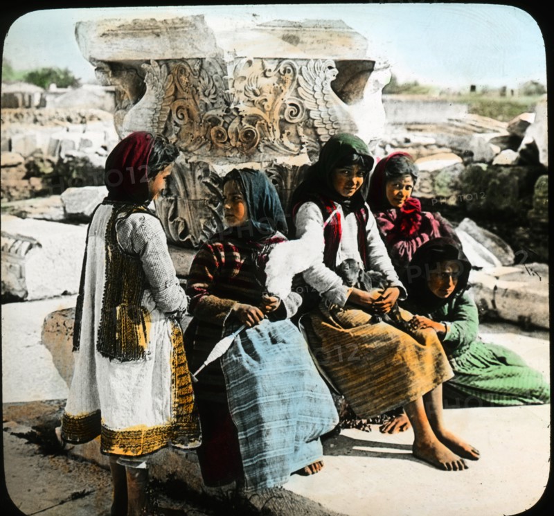 Greek Children Among Ancient Ruins, Athens, Greece, Magic Lantern Slide, circa 1910