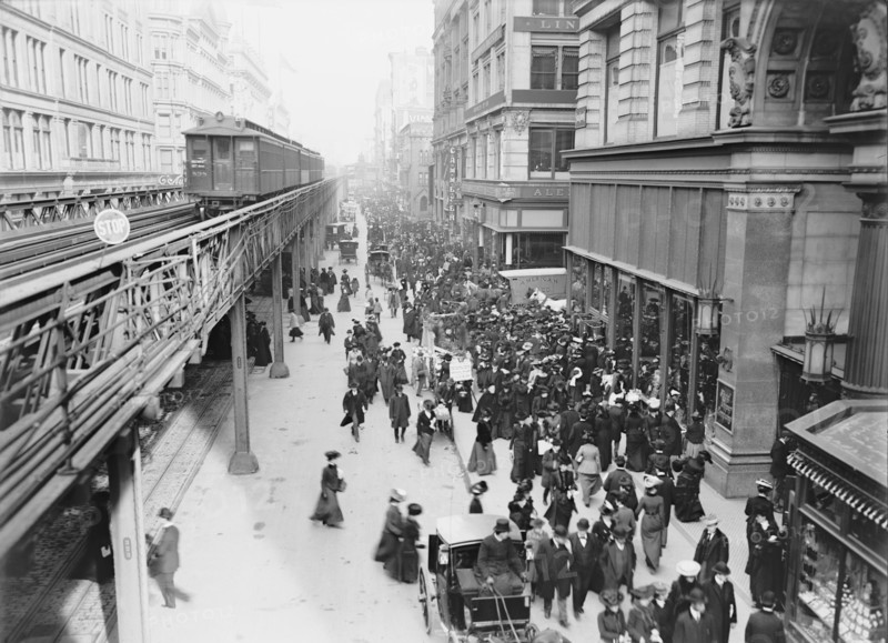 Shoppers and Elevated Train Along Sixth Avenue, New York City, New York, USA, Detroit Publishing Company, 1903