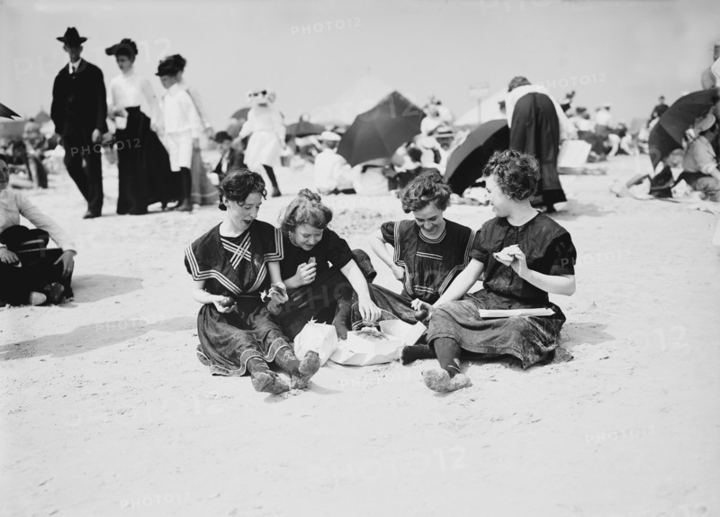 Group of Young Women Eating Lunch on Beach, Coney Island, New York City, New York, USA, Detroit Publishing Company, 1900