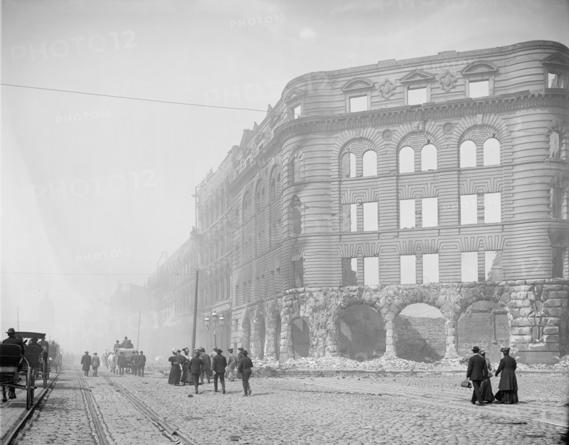 Group of People Walking Along Ruins of Market Street from Ferry after Earthquake, San Francisco, California, USA, Detroit Publishing Company, 1906