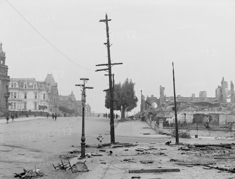 Van Ness Avenue, Limit of Fire, after Earthquake, San Francisco, California, USA, Detroit Publishing Company, 1906