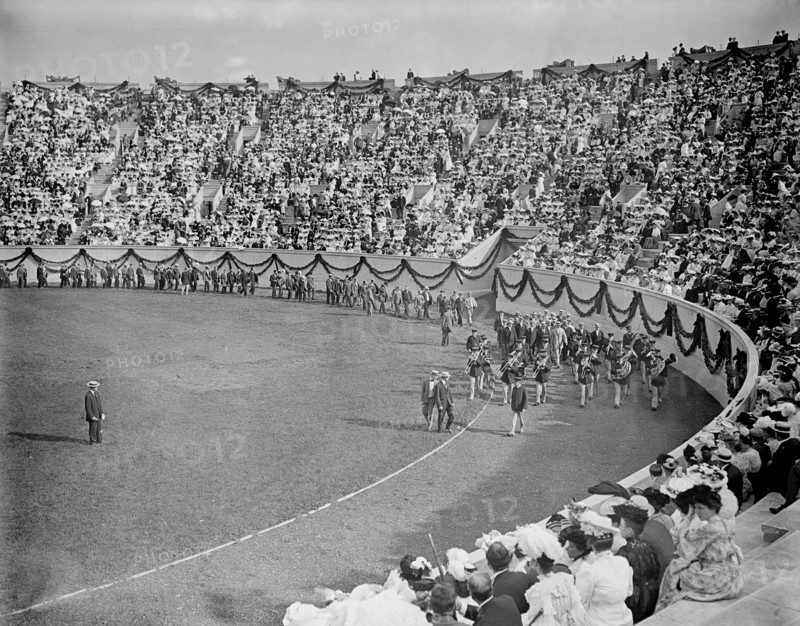 Alumni and Band Entering Stadium, Class Day Exercises, Harvard University, Cambridge, Massachusetts, USA, Detroit Publishing Company, 1905