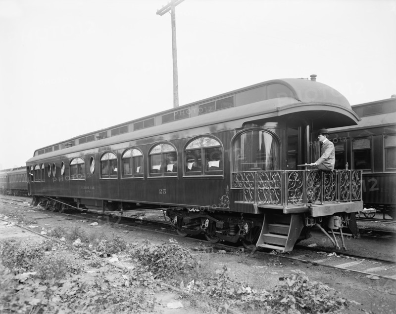 Man Sitting on Balcony of Pere Marquette Railroad Parlor Car no. 25, USA, Detroit Publishing Company, 1910