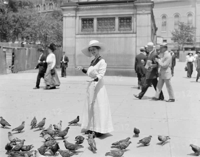Woman Feeding Pigeons, Boston Common, Boston, Massachusetts, USA, Detroit Publishing Company, 1915