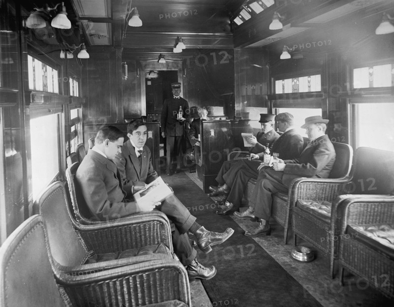 Group of Men Traveling in Buffet Library Car on Deluxe Overland Limited Train, USA, Detroit Publishing Company, 1915