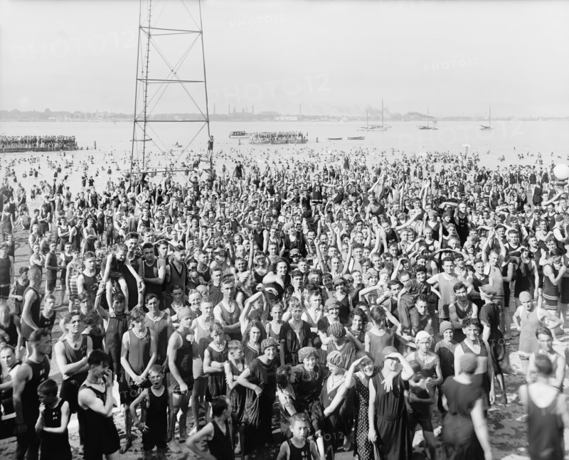 Portrait of Large Crowd at Beach, Belle Isle Park, Detroit, Michigan, USA, Detroit Publishing Company, 1910
