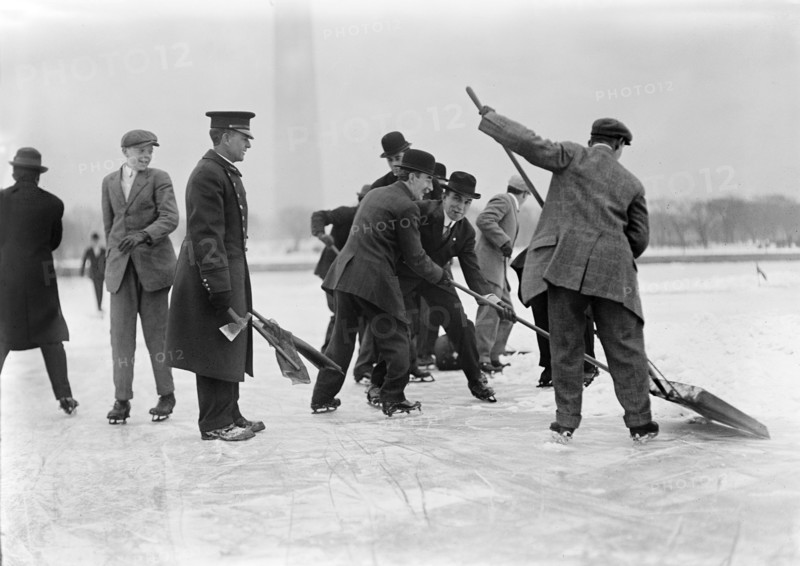 Ice Skating Party with Washington Monument in Background, Washington DC, USA, Harris & Ewing, 1912