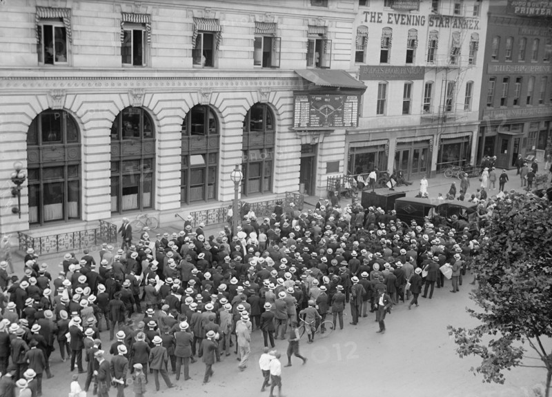Crowd Following Major League Baseball Scoreboard outside Washington Star Newspaper Building, Washington DC, USA, Harris & Ewing, 1917