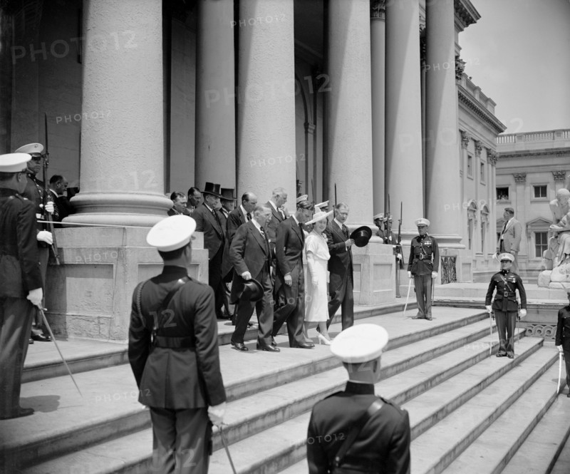 King George VI and Queen Elizabeth of the United Kingdom on Steps of U.S. Capitol during their Royal Visit, Washington DC, USA, Harris & Ewing, June 9, 1939