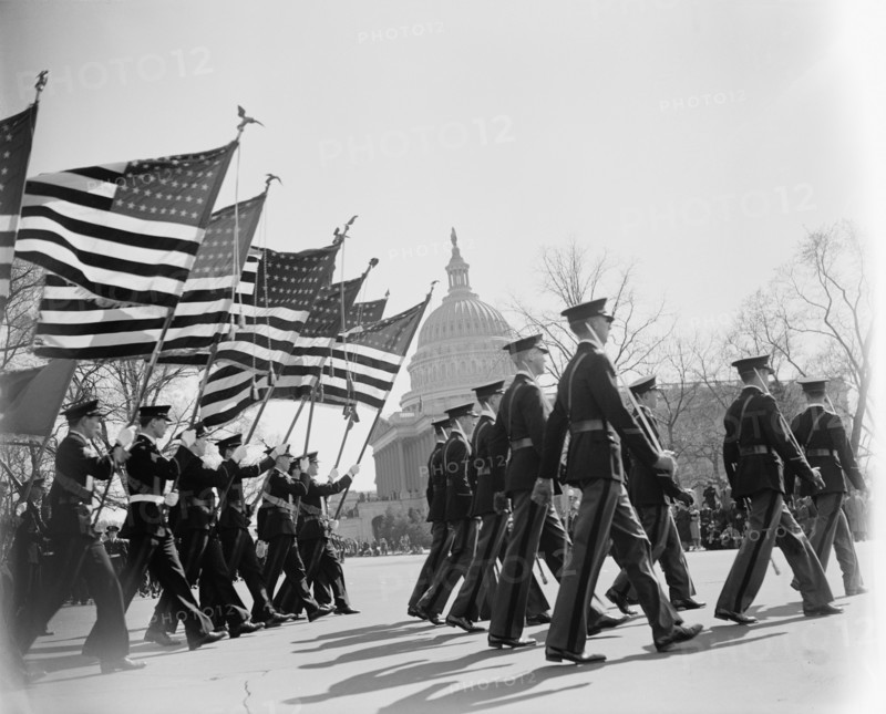 High School Cadets as They Pass U.S. Capitol Building in Army Day Parade, Washington DC, USA, Harris & Ewing, April 1940