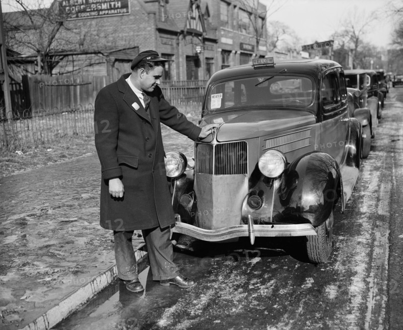 Man Leaning on Taxi Cab that has Heated Sign in Window, USA, Harris & Ewing, 1936