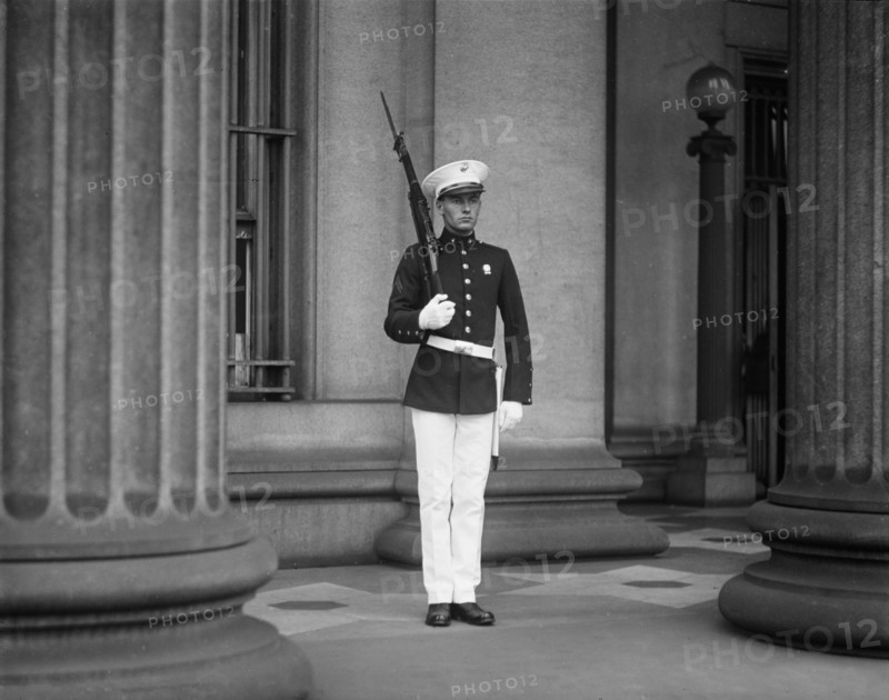 U.S. Marine Standing Guard at U.S. Treasury During Ku Klux Klan Parade, Washington DC, USA, Harris & Ewing, 1925
