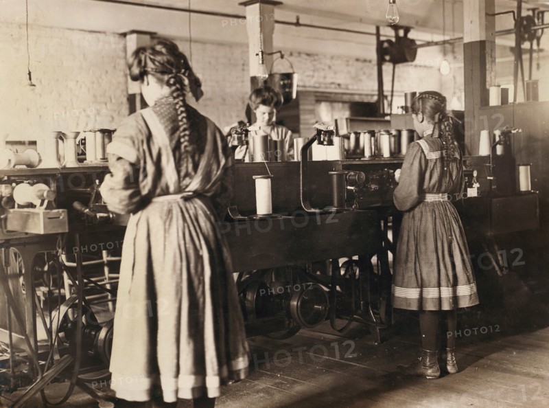 Three Girls Working in Spool Cotton Department, Bibb Manufacturing Company, Macon, Georgia, USA, Lewis Hine, 1909