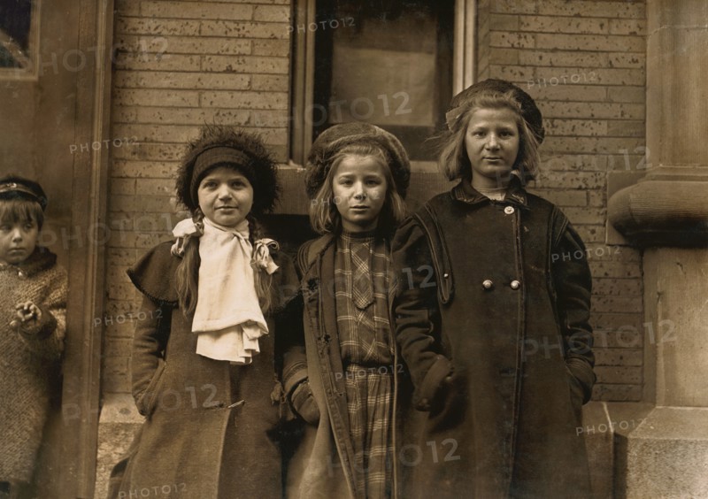 Portrait of Young Newsgirls Waiting for Paper Delivery, Hartford, Connecticut, USA, Lewis Hine, 1909