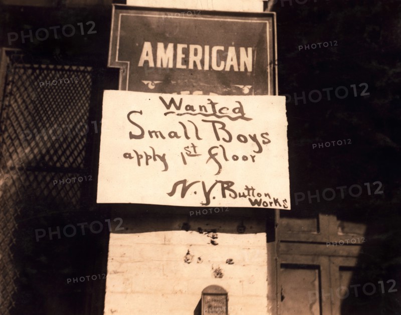 "Wanted, Small Boys" Sign, N.Y. Button Works, New York City, New York, USA, Lewis Hine, 1916