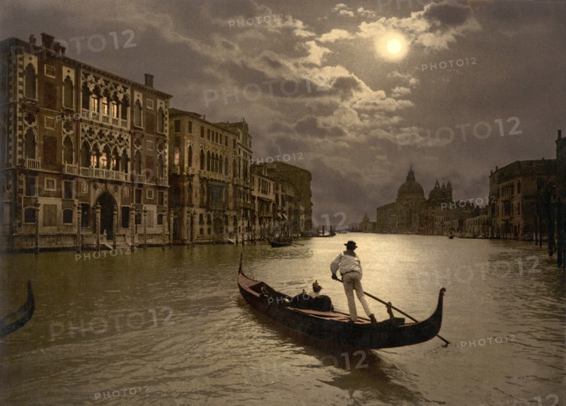 Gondola on Grand Canal by Moonlight, Venice, Italy, Photochrome Print, Detroit Publishing Company, 1900