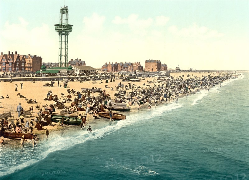 Beach and Revolving Tower, Yarmouth, England, Photochrome Print, Detroit Publishing Company, 1900