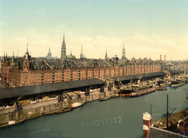 Warehouses at Docks, Hamburg, Germany, Photochrome Print, Detroit Publishing Company, 1900