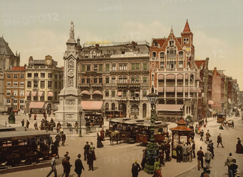 Dam Square with Nieuwe Kerk, Amsterdam, Holland, Photochrome Print, Detroit Publishing Company, 1900