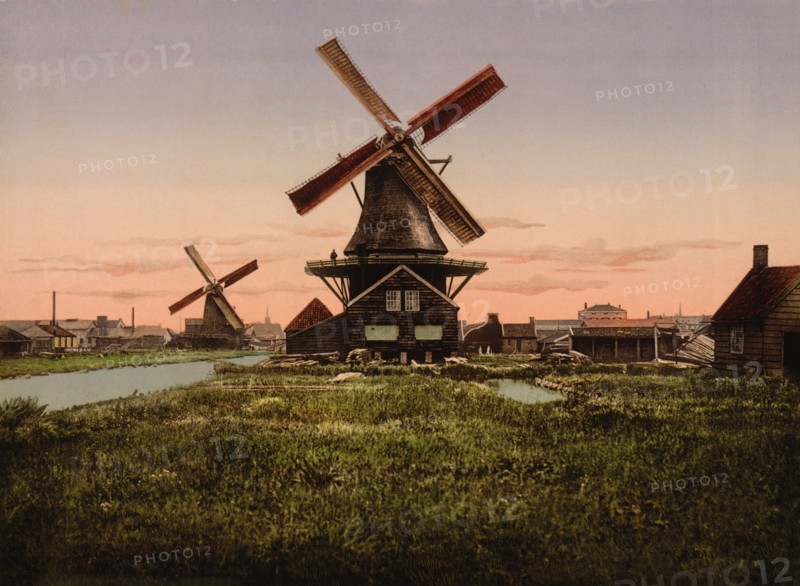 Two Windmills, Holland, Photochrome Print, Detroit Publishing Company, 1900